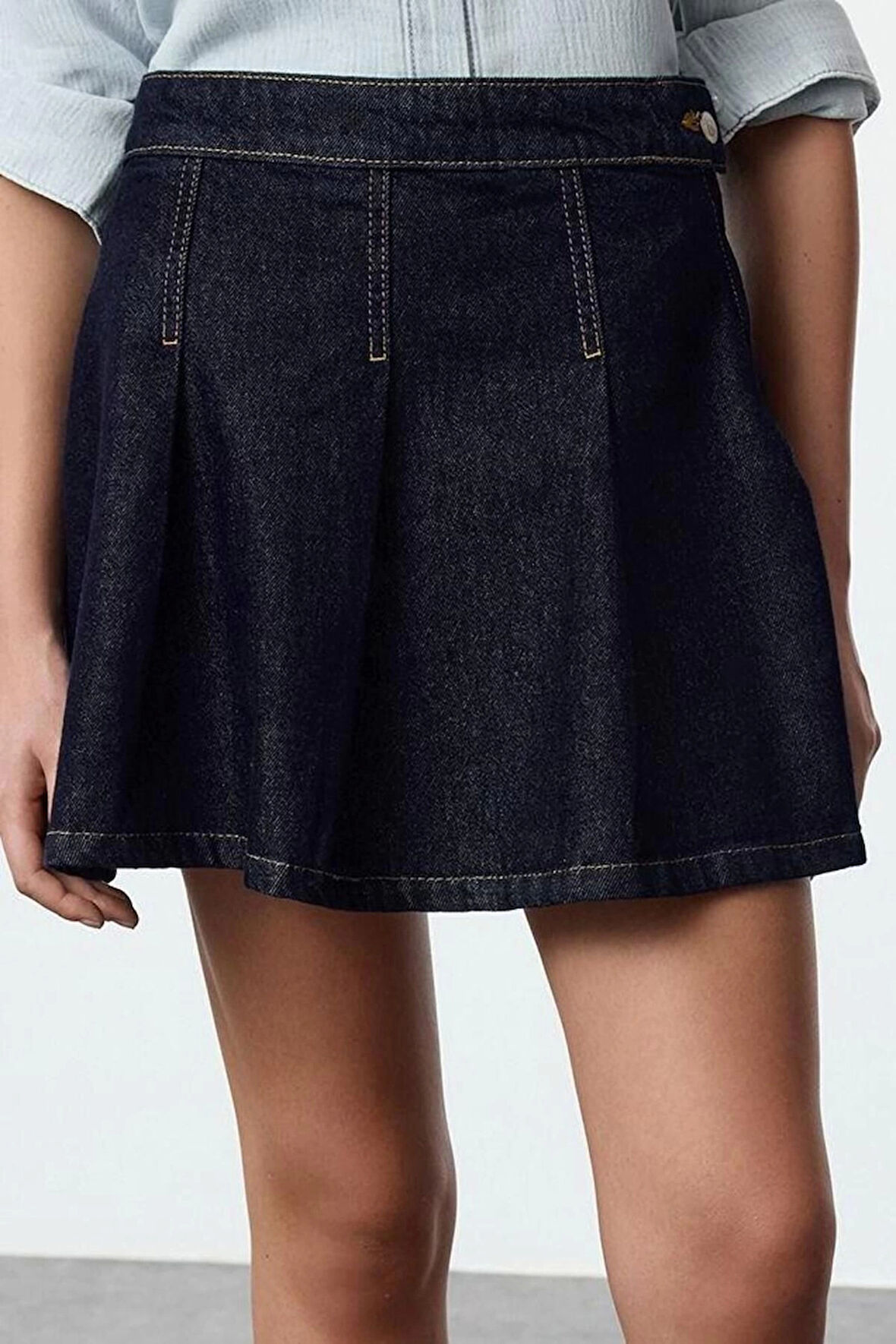 Kadın Moda Stil Mini Astarsız Denim Pileli Yüksek Bel Mini Denim Etek