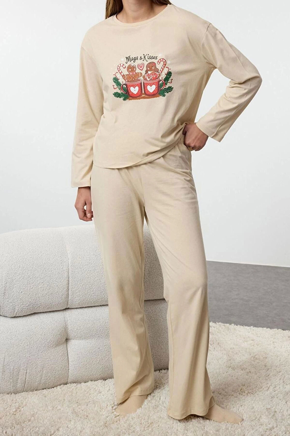 Kadın Moda Şık Bisiklet Yaka Boru Paça Uzun Kol Kadın Yılbaşı Temalı Örme Pijama Takımı