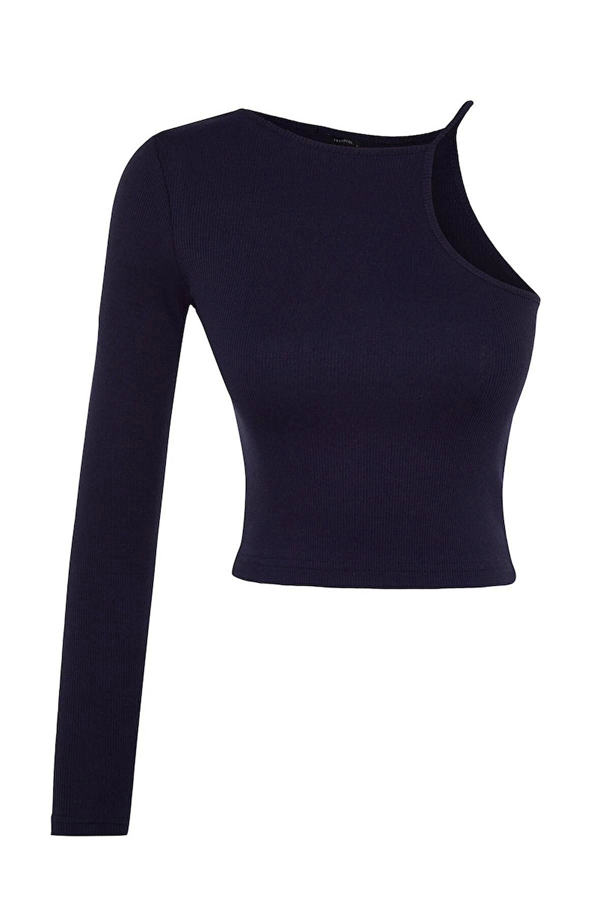 Kadın Moda Şık Crop Bisiklet Yaka Tek Kol Slim Kalıp Örme Fitilli Fitted Vücuda Oturan Esnek Bluz