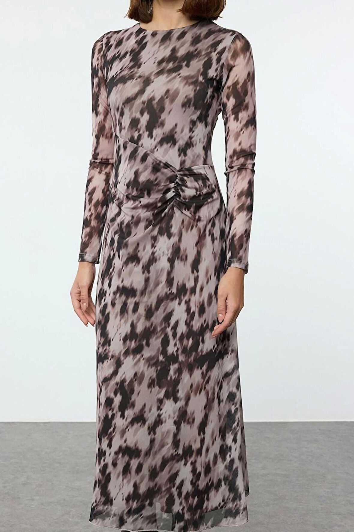 Kadın Moda Şık Maxi Boy Bisiklet Yaka Regular Baskılı Büzgü Drape Örme Elbise