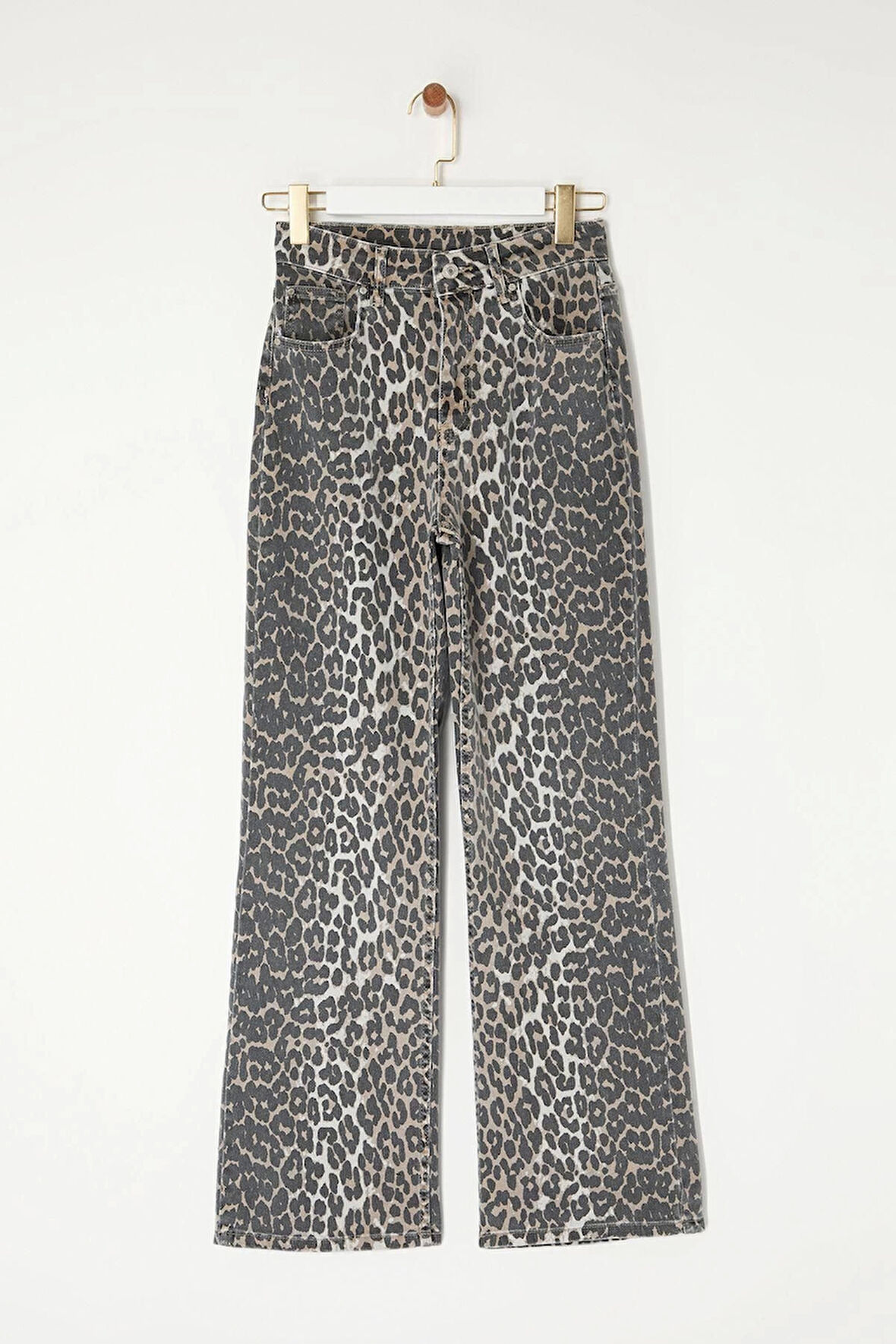 Kadın Moda Şık Kot Pantolon Boru Paça Uzun Boy Denim Leopar Desenli Kahverengi Yüksek Bel Jeans