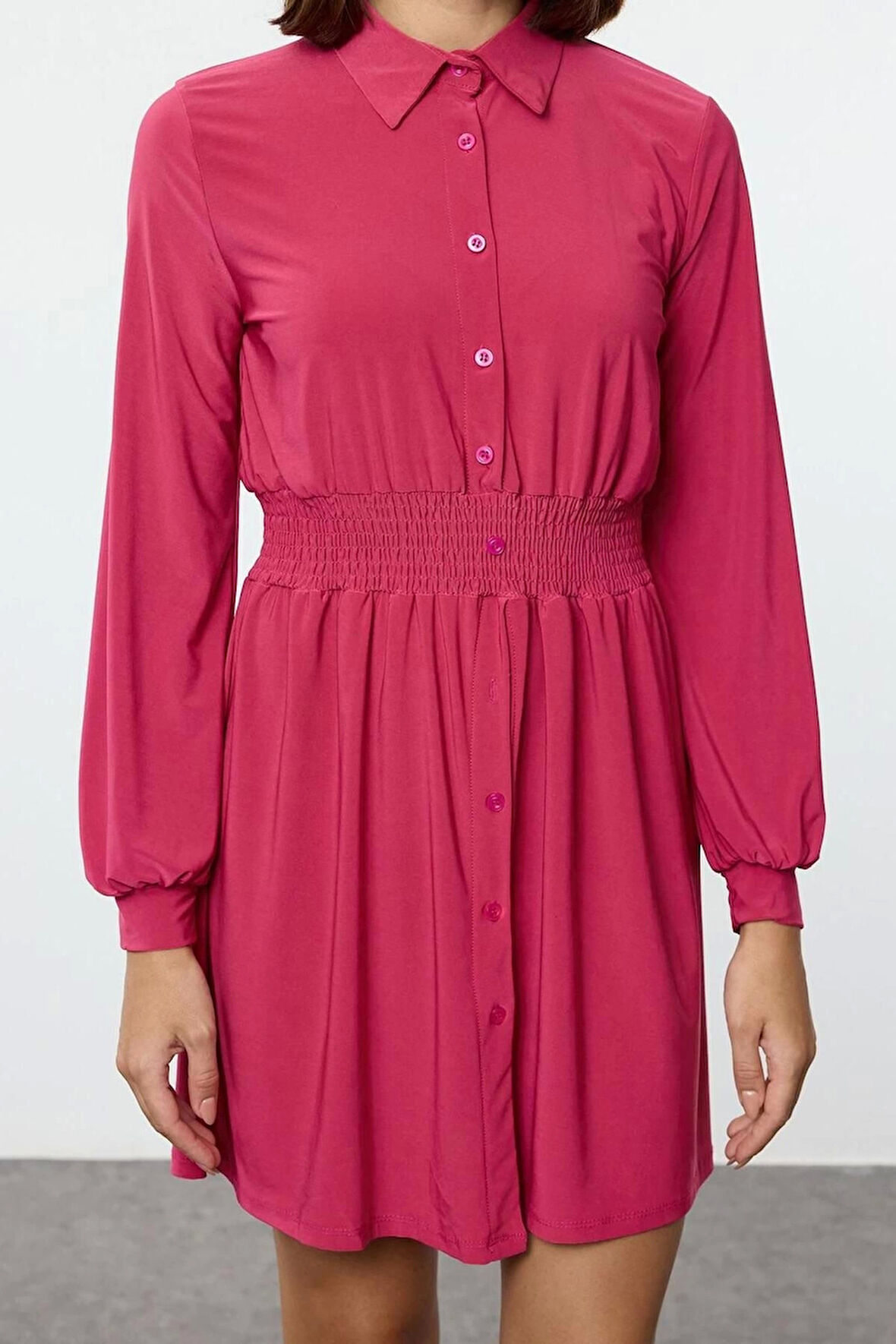 Kadın Moda Şık Mini Boy Polo Yaka Slim Beli Lastikli Örme Elbise