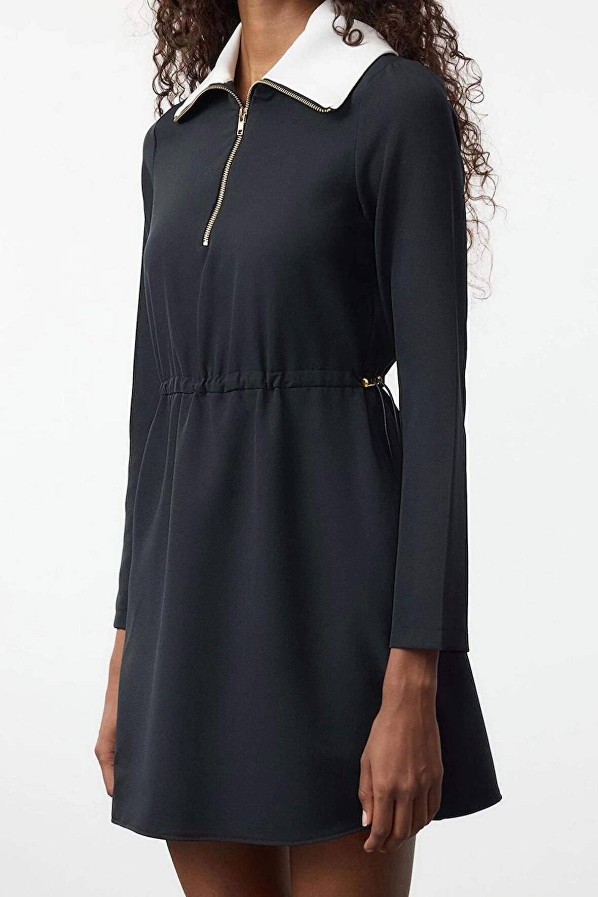 Kadın Moda Şık Mini Boy Dik Yaka Regular A Kesim Beli Ayarlanabilir Dokuma Elbise