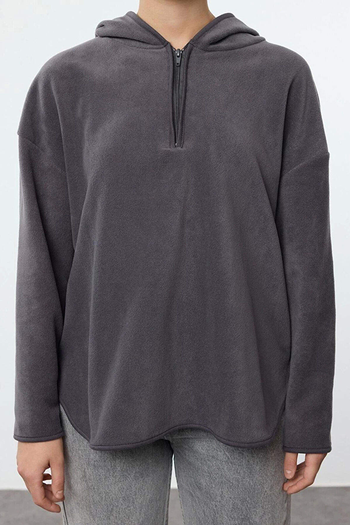 Kadın Moda Şık Bol Kapüşonlu Düşük Kol Uzun Kalın Polar ve Fermuarlı Geniş Kalıp Örme Sweatshirt