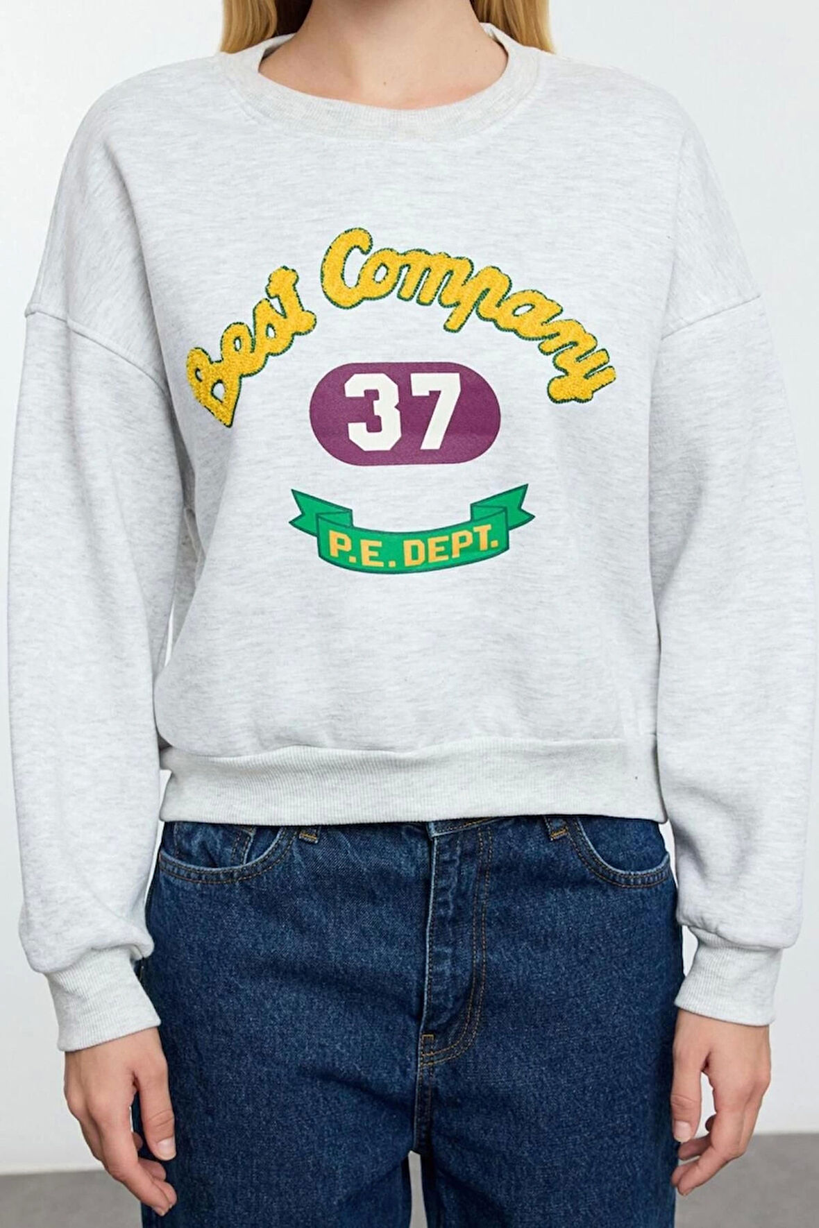 Kadın Regular Bisiklet Yaka Standart Kol Regular Ekru Slogan Baskılı Normal Kalıp Örme Sweatshirt