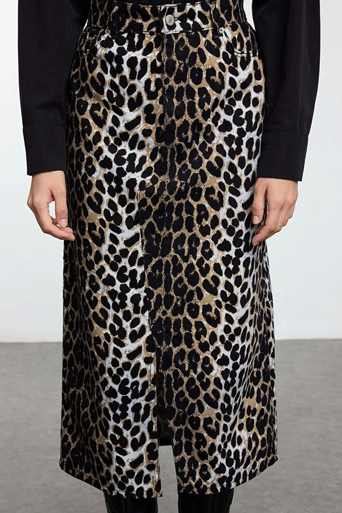 Kadın Moda Stil Maxi Astarsız Dokuma Animal Leopar Desenli Önden Yırtmaçlı Maxi Boy Dokuma Etek