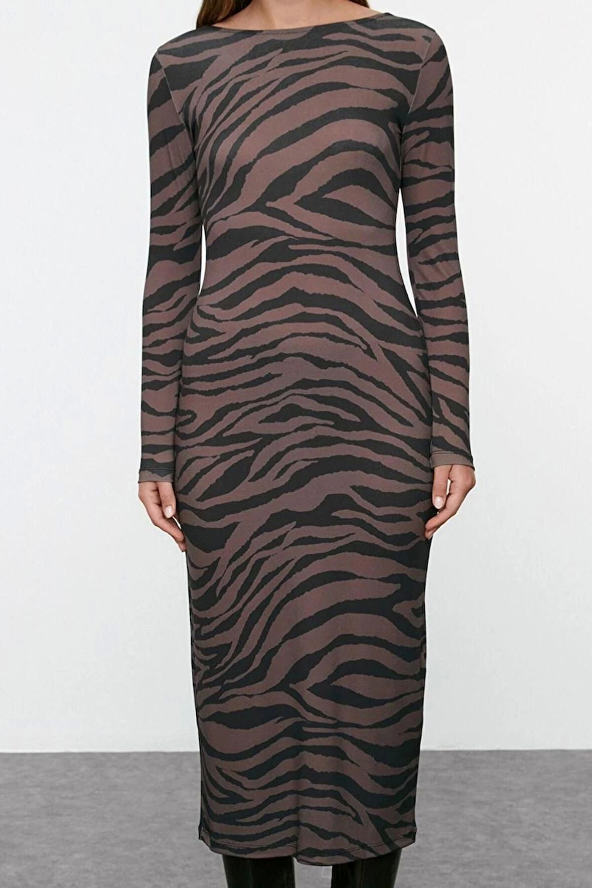 Kadın Moda Maxi Boy Bisiklet Yaka Slim Animal Zebra Baskılı Fitted Vücuda Oturan Esnek Örme Elbise