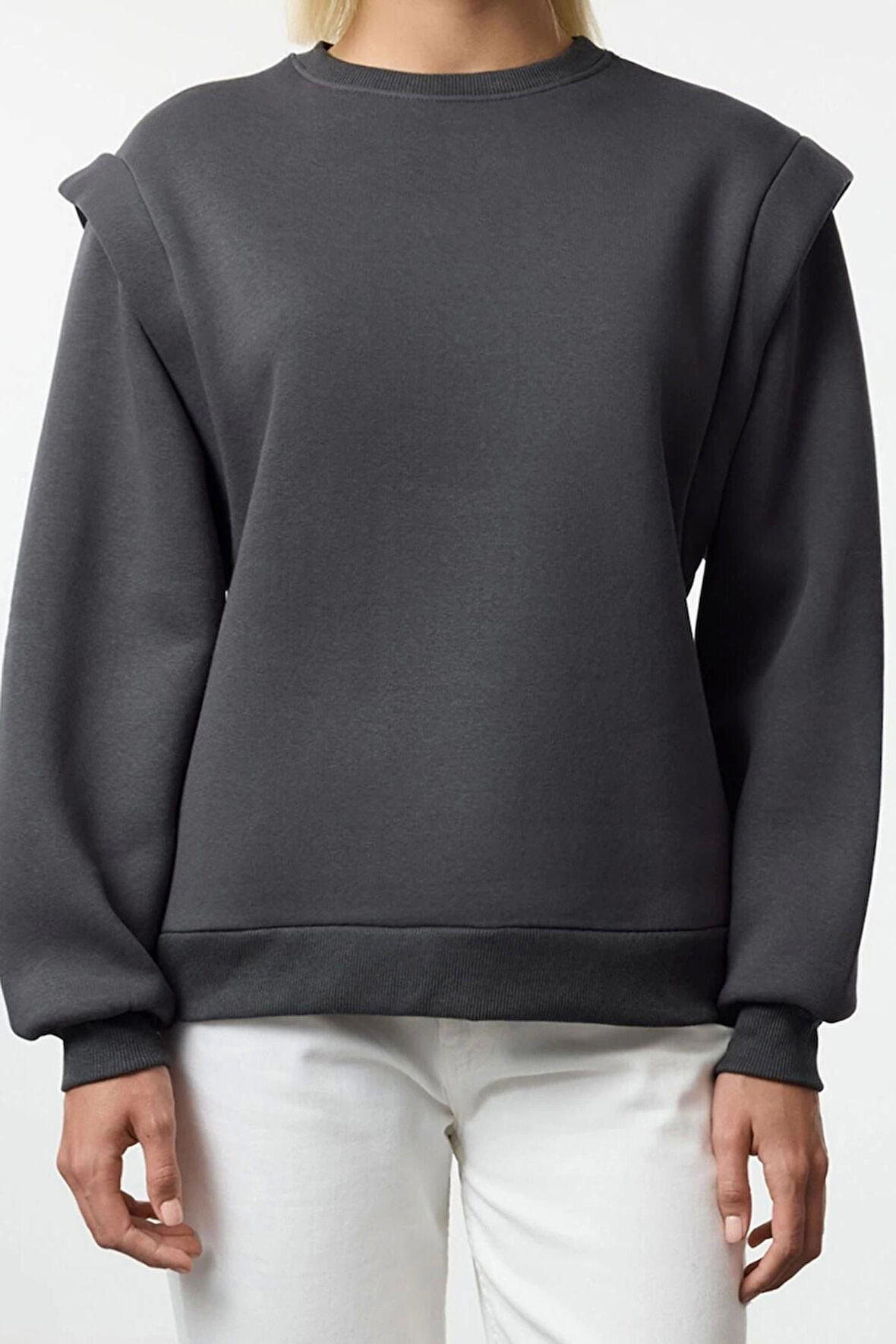 Kadın Bisiklet Yaka Düşük Kol Slogan Baskılı Geniş Kalıp Kalın İçi Polarlı Örme Sweatshirt