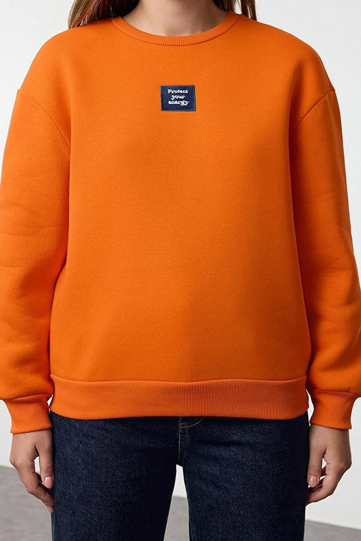 Kadın Bisiklet Yaka Düşük Kol Uzun Reaxed Rahat kalıp Slogan Baskılı Kalın Polarlı Örme Sweatshirt