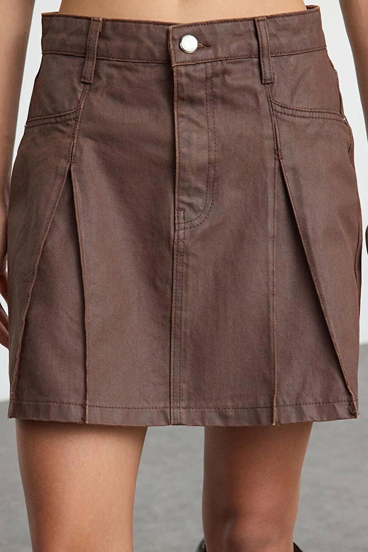 Kadın Moda Stil Mini Astarsız Denim Deri Kaplamalı Pileli Mini Denim Etek