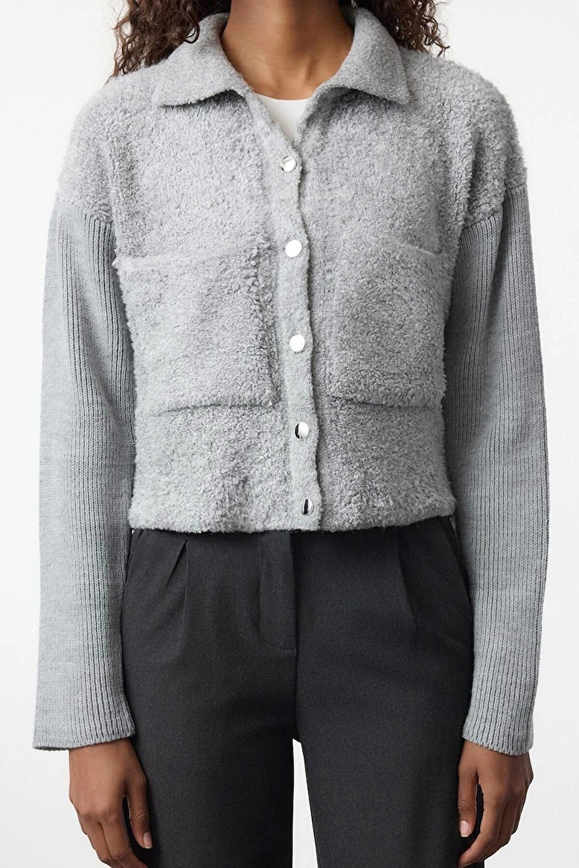 Kadın Moda Şık Polo Yaka Standart Kol Regular Oversize Geniş Kalıp Buklet Mont Görünümlü Triko Hırka