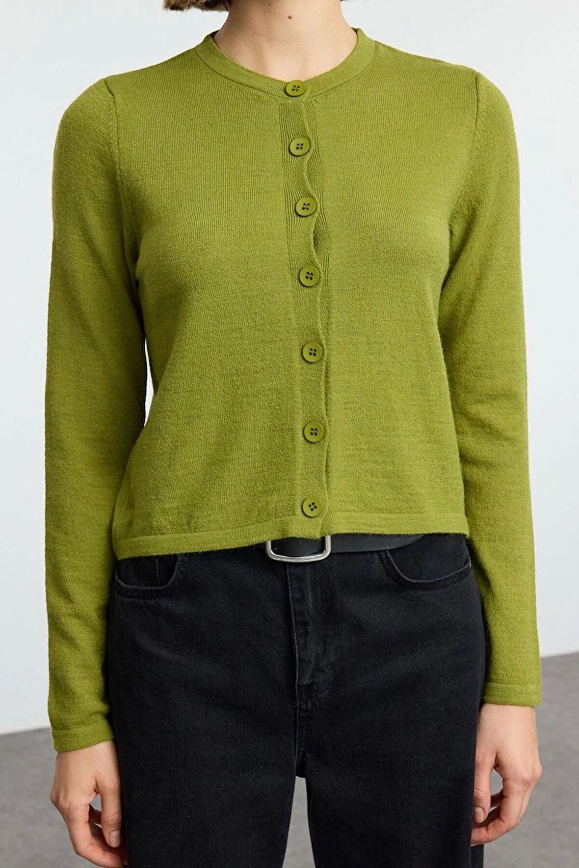 Kadın Moda Şık Regular Bisiklet Yaka Slim Yünlü Triko Hırka