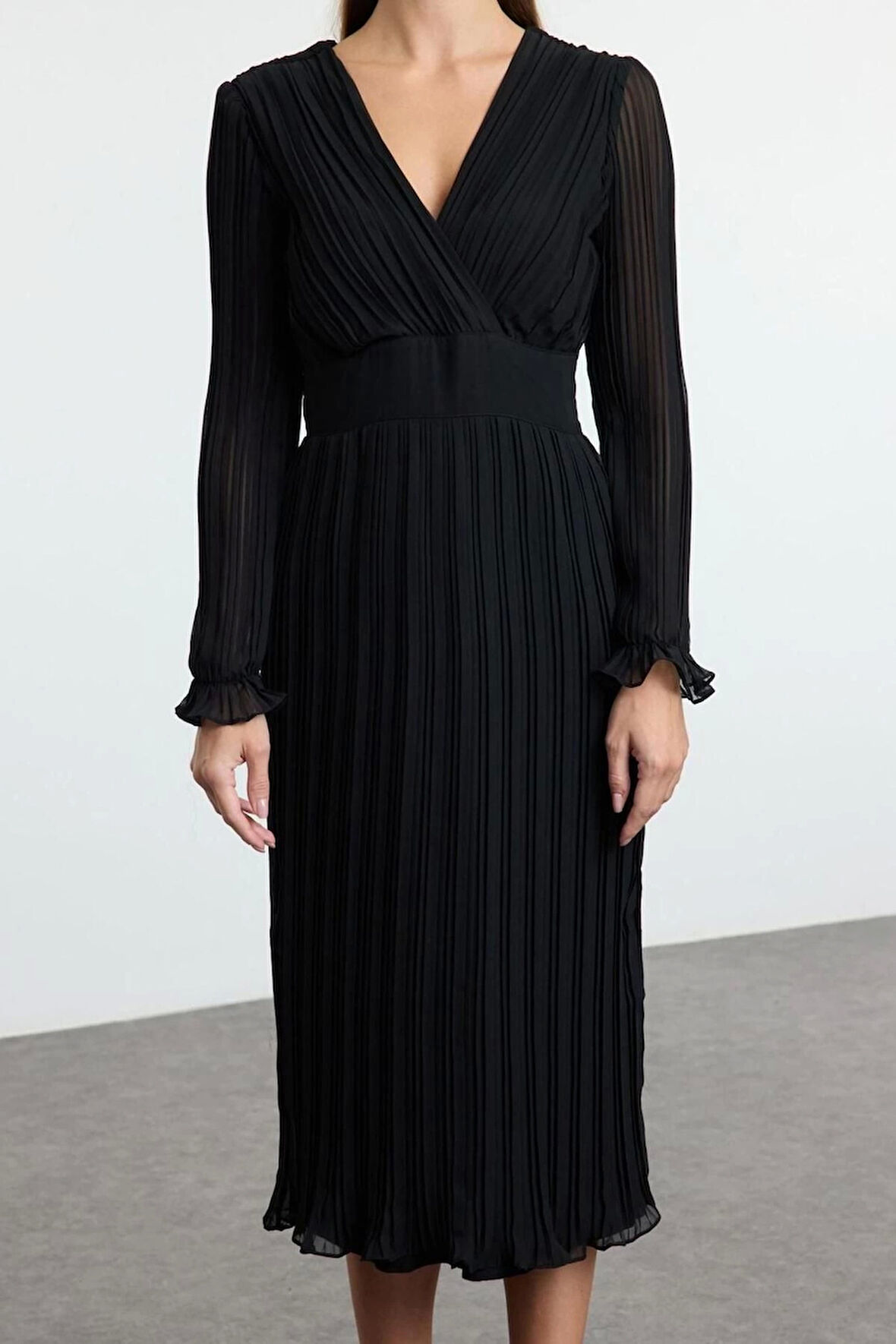 Kadın Moda Şık Midi Boy Kruvaze Regular Kuşaklı Düz Dokuma Elbise