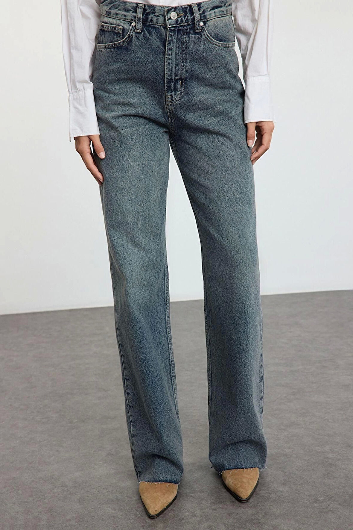 Kadın Moda Şık Kot Pantolon Geniş Paça Uzun Boy Denim Mavi Yüksek Bel Jeans