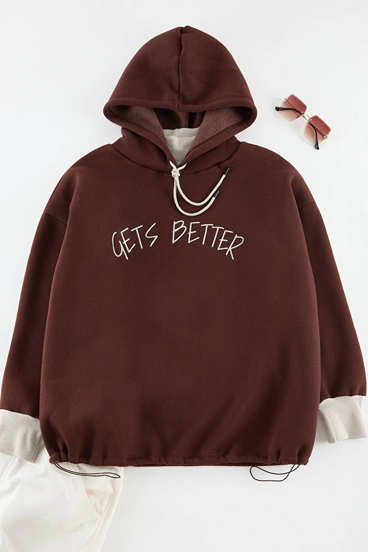 Kadın Büyük Beden Moda Şık Relaxed Kapüşonlu Düşük Kol Regular Örme Sweatshirt