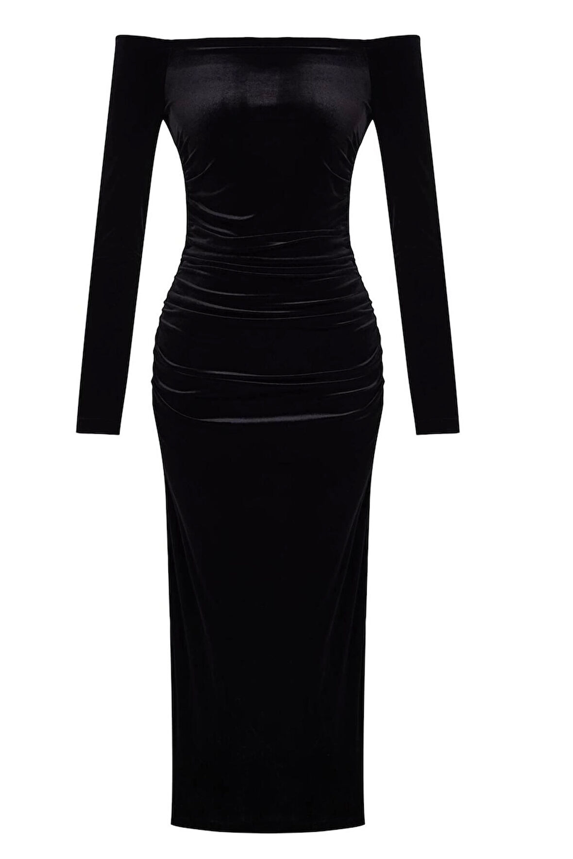 Kadın Moda Şık Midi Boy Carmen Yaka Fitted Vücuda Oturan Örme Kadife Elbise