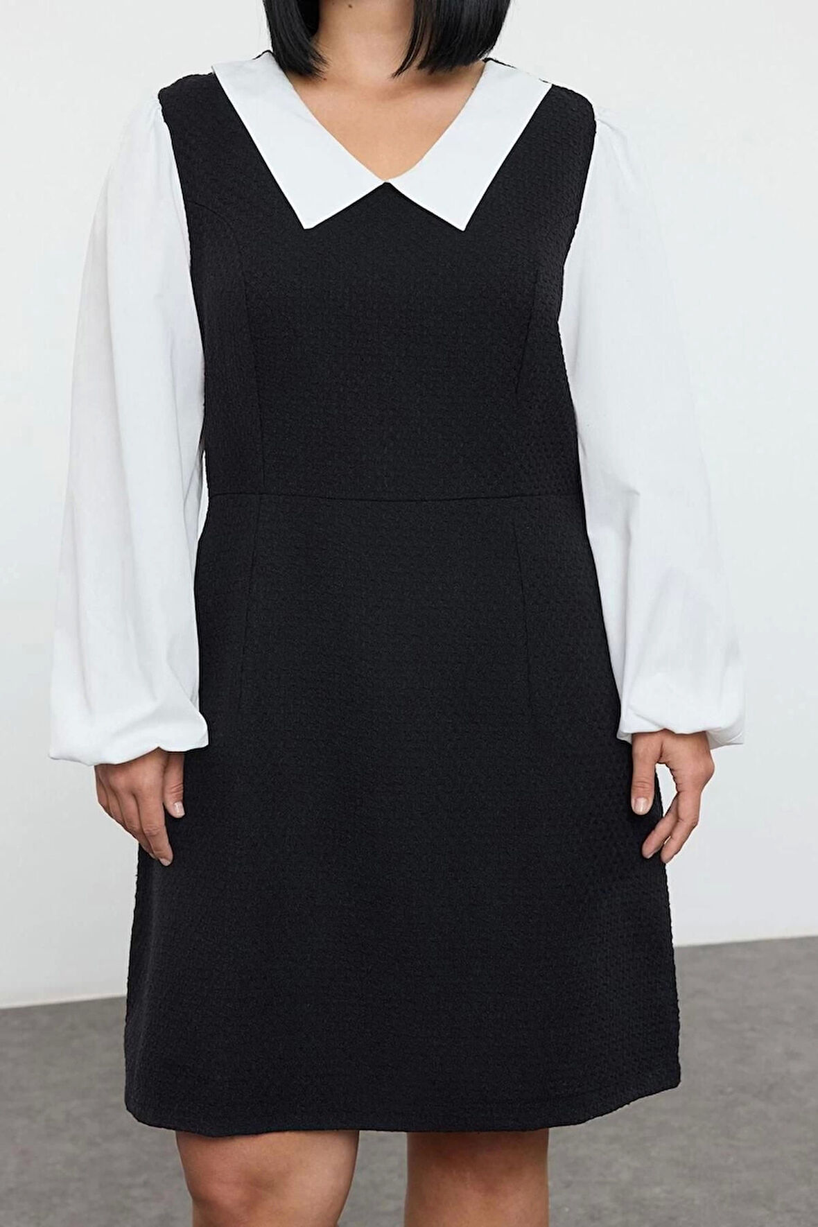 Kadın Moda Şık Büyük Beden Midi Boy Gömlek Yaka Relaxed Tüvit Dokuma Büyük Beden Elbise