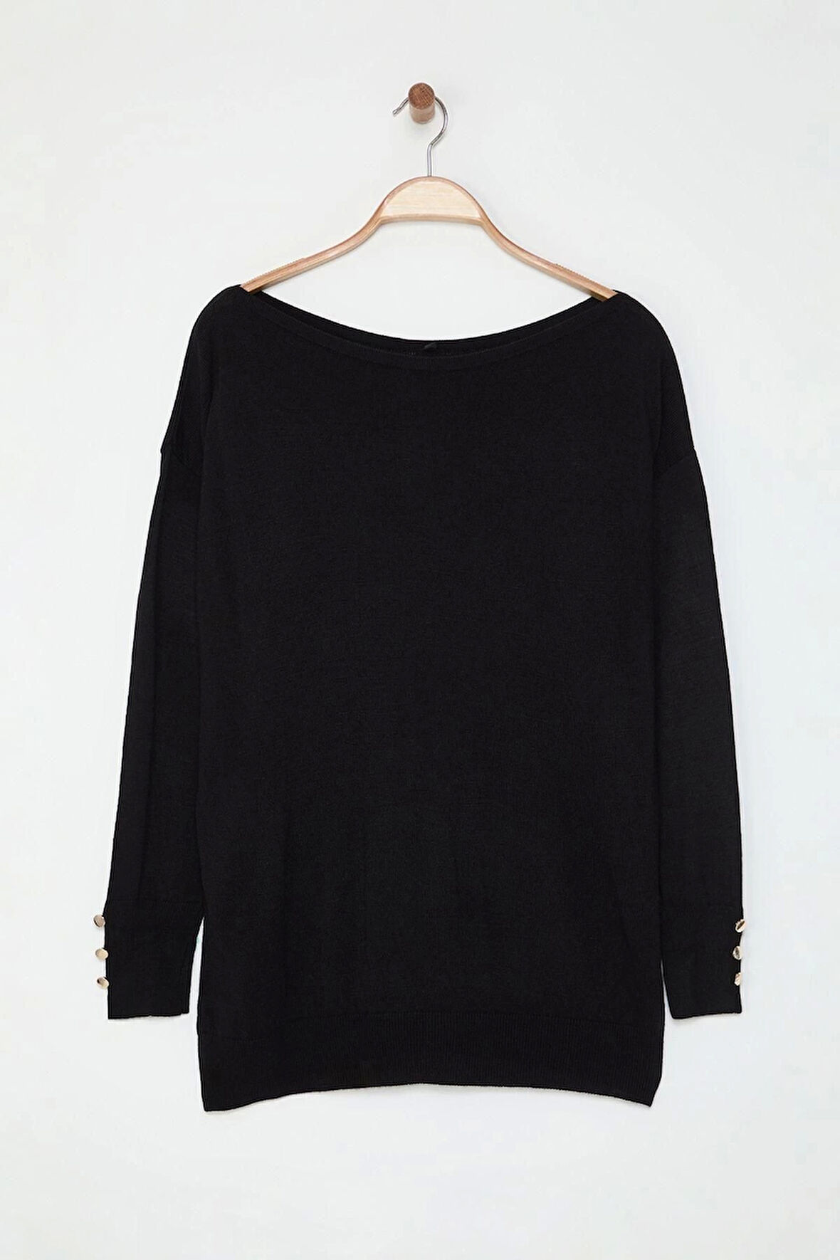 Kadın Moda Şık Büyük Beden Kayık Yaka Standart Kol Regular Kolları Düğmeli Triko Kazak