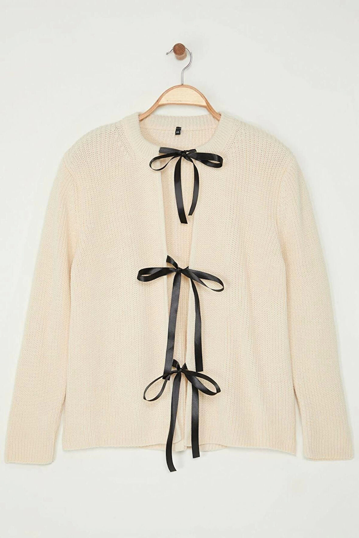 Kadın Moda Şık Büyük Beden Regular Bisiklet Yaka Regular Kurdele Bağlamalı Crop Triko Hırka