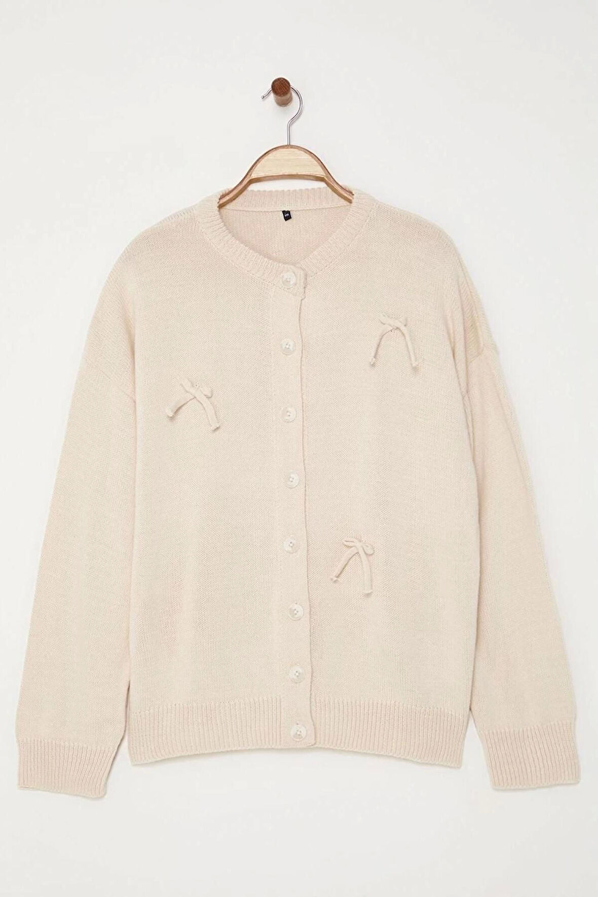 Kadın Moda Şık Büyük Beden Regular Bisiklet Yaka Regular Fiyonk Detaylı Triko Hırka