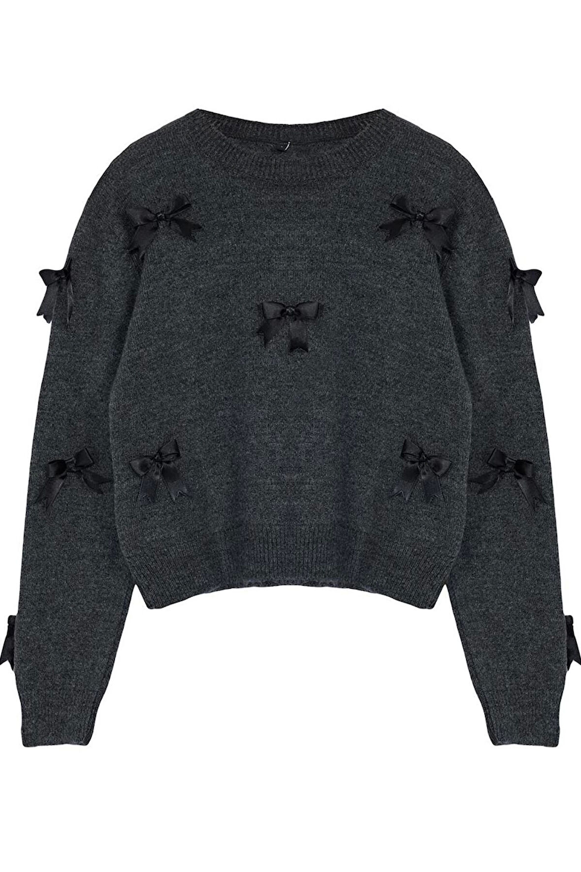 Kadın Moda Şık Regular Bisiklet Yaka Uzun Kol Düz Yumuşak Dokulu Kurdele Fiyonk Detaylı Triko Kazak