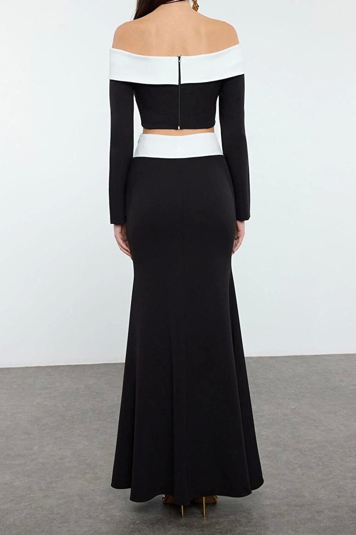 Kadın Moda Şık Regular Boy Uzun Kollu Carmen Yaka Crop Dokuma Alt Üst Takım
