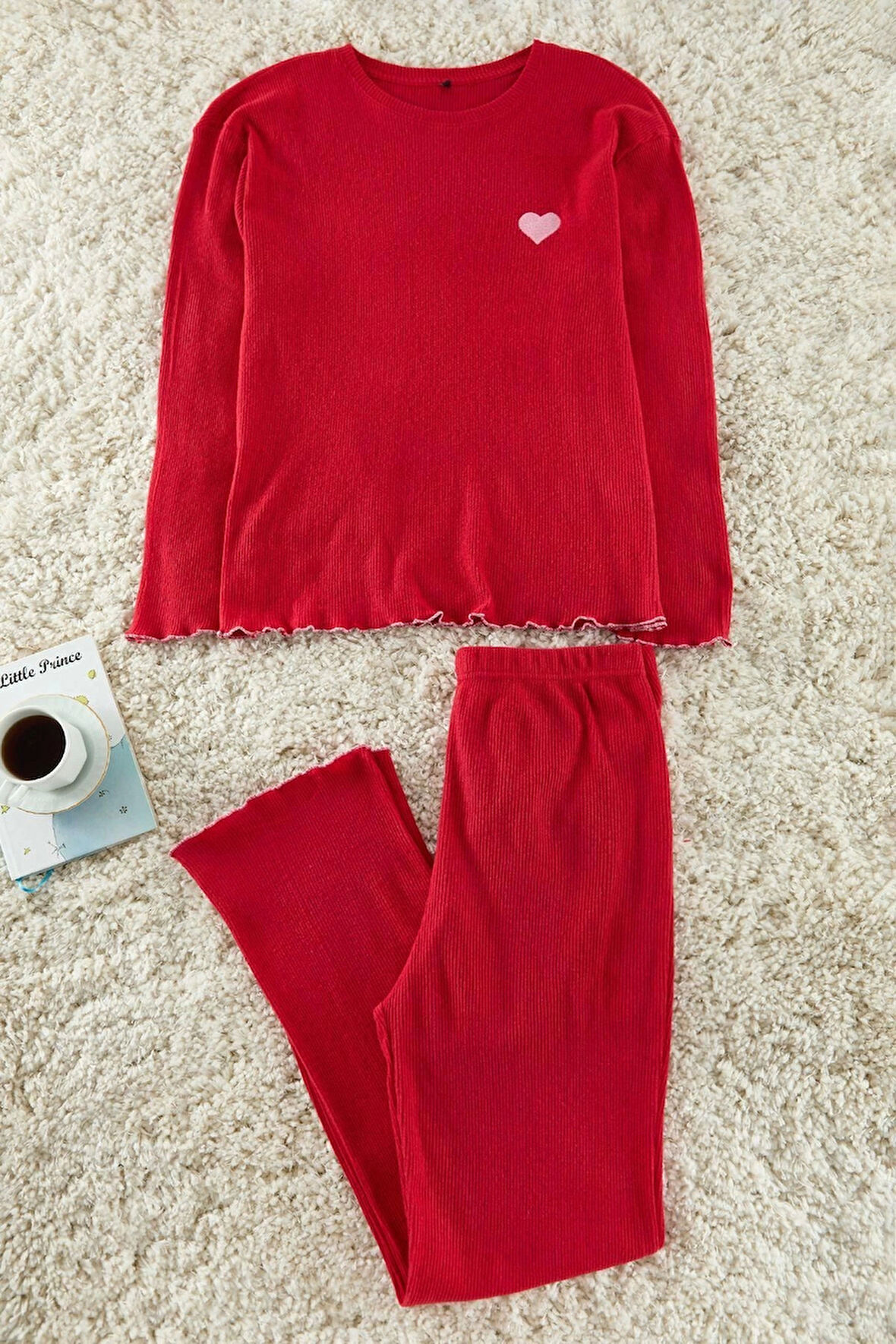 Kadın Moda Şık Büyük Beden Bisiklet Yaka Boru Paça Uzun Kol Fitilli Baskılı Örme Pijama Takımı