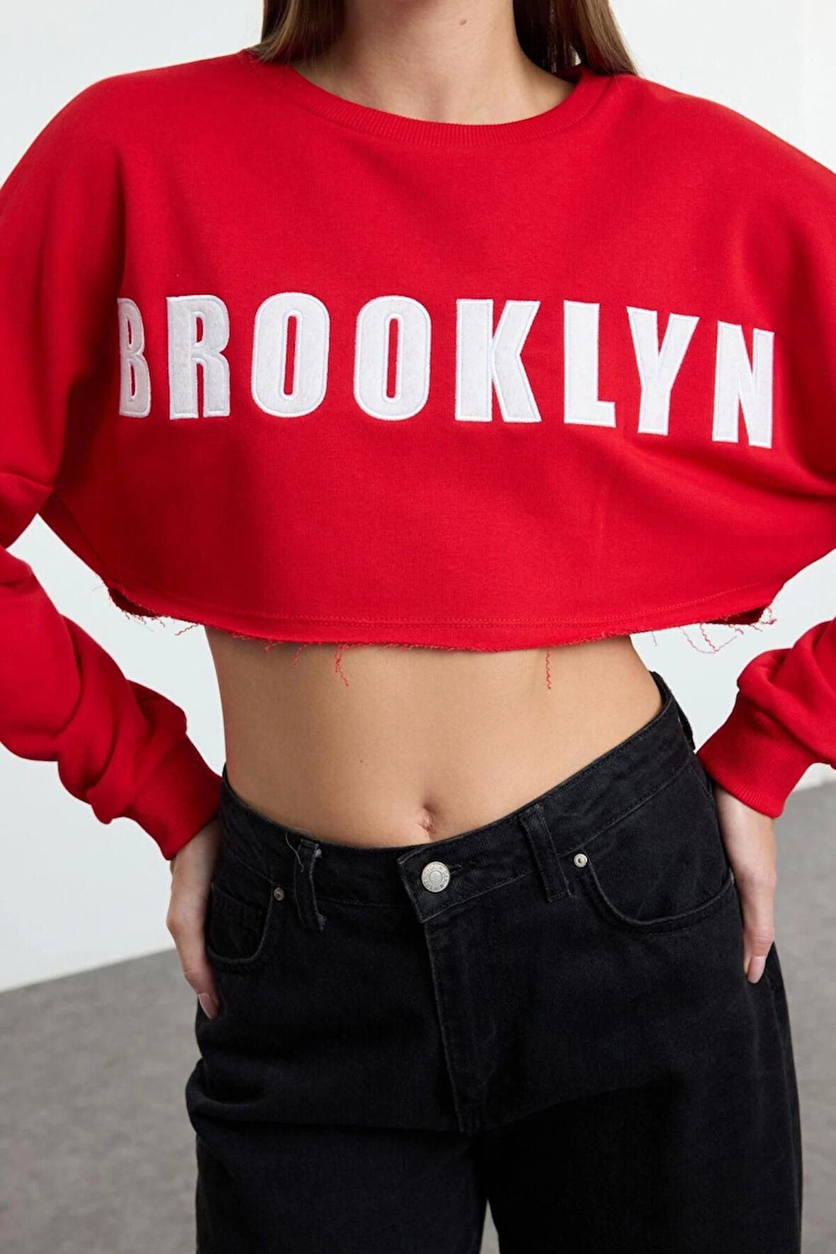 Kadın Bisiklet Yaka Düşük Kol Super Crop Aplike Nakışlı Super Crop Kalın Örme Sweatshirt