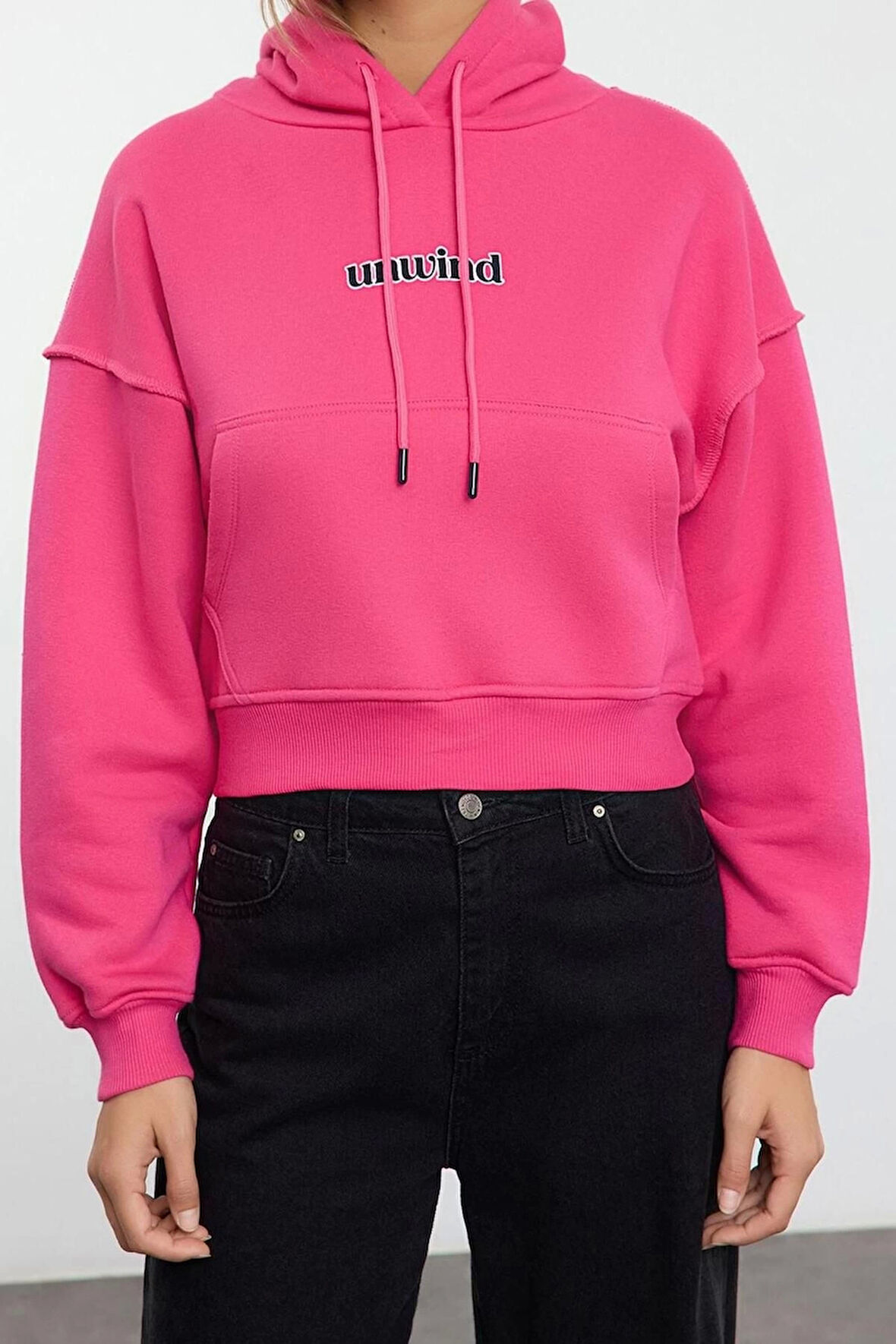 Kadın Oversize Kapüşonlu Düşük Kol Crop Slogan Baskılı Geniş Kalıp Kalın Polarlı Örme Sweatshirt