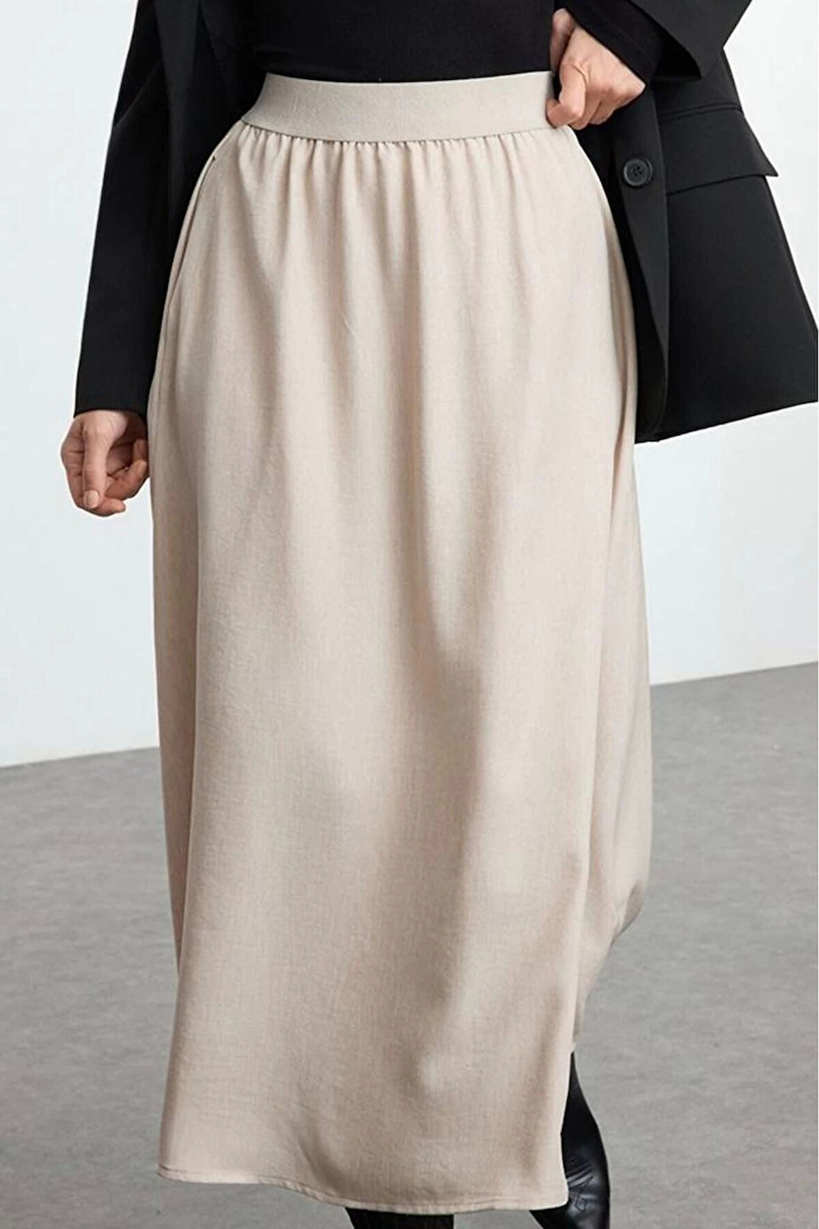 Kadın Moda Stil Maxi Astarsız Dokuma Tesettür Keten Görünümlü Cepli Uzun Dokuma Etek