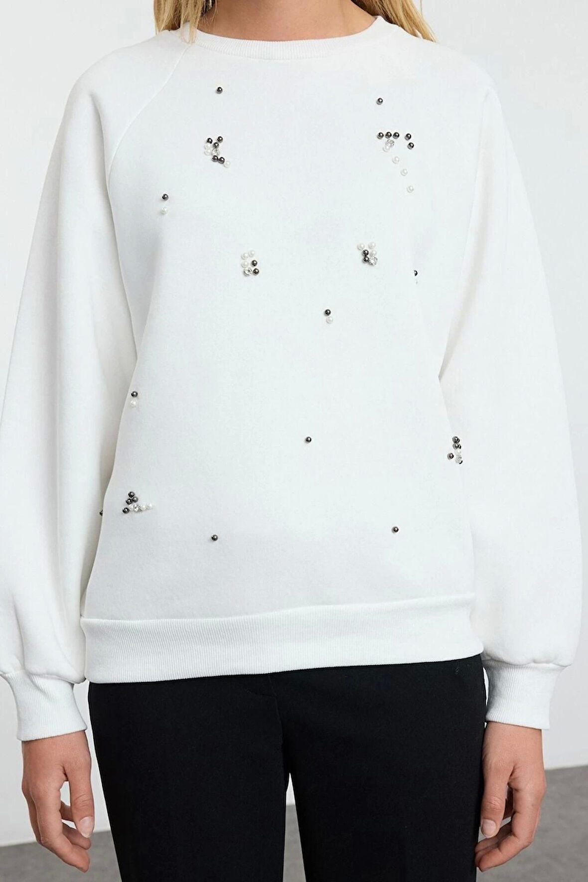 Kadın Relaxed Bisiklet Yaka Reglan Kol Uzun Taş Rahat Kalıp Kalın İçi Polarlı Örme Sweatshirt