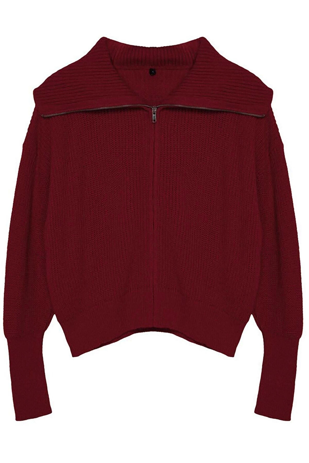 Kadın Moda Şık Regular Devrik Yaka Uzun Kol Düz Geniş Kalıp Devrik Yaka Fermuarlı Triko Hırka