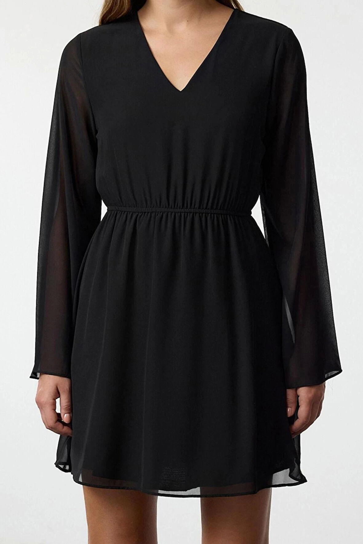 Kadın Moda Şık Mini Boy Kruvaze Regular Eteği Belden Açılan Astarlı Şifon Dokuma Elbise