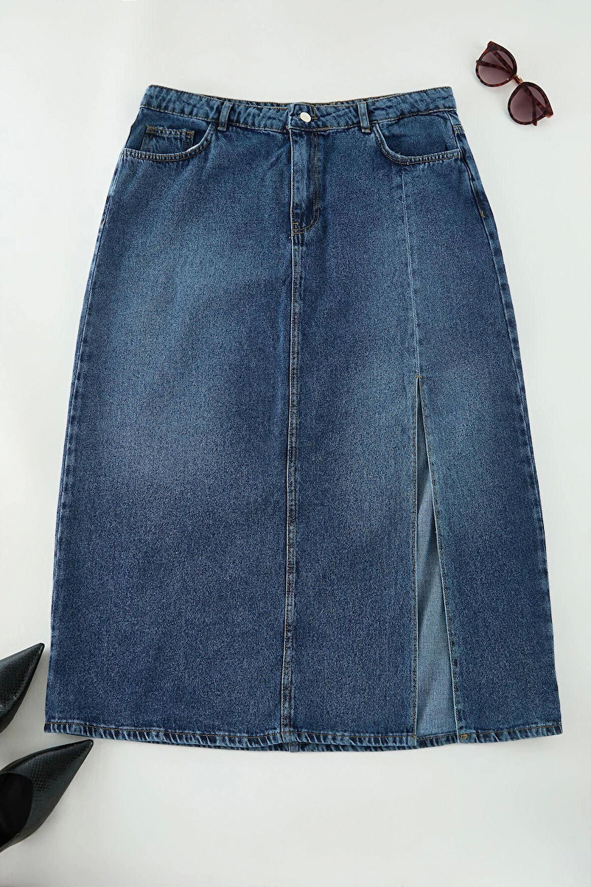 Kadın Moda Stil Midi Astarsız Denim Büyük Beden Yüksek Bel Yırtmaçlı Denim Etek