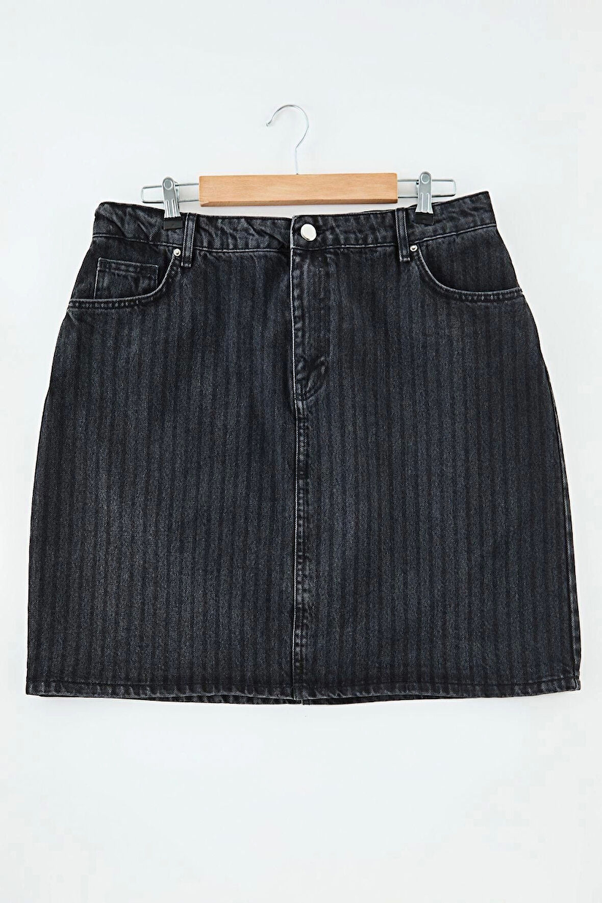 Kadın Moda Stil Mini Astarsız Denim Büyük Beden More Sustainable Çizgili Mini Denim Etek