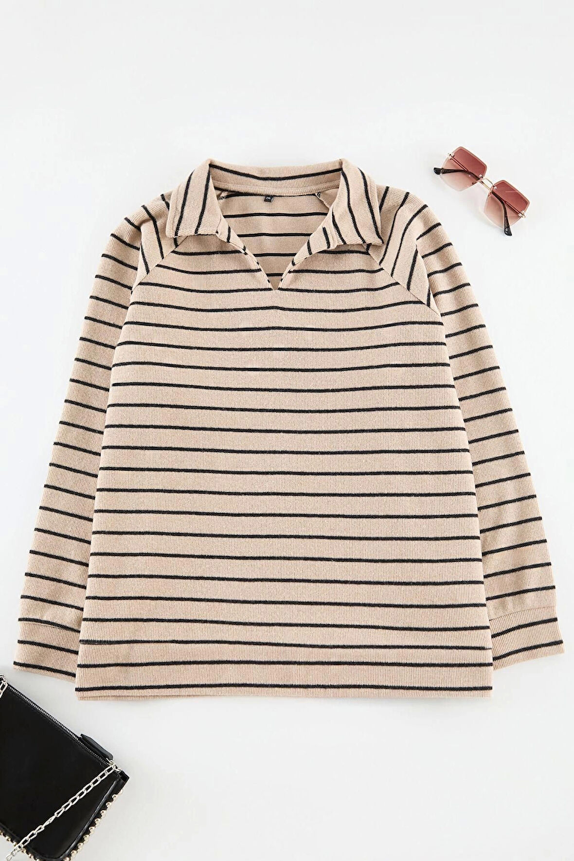 Kadın Büyük Beden Oversize Polo Yaka Düşük Kol Çizgili Geniş Kalıp Selanik Polo Yaka Örme Sweatshirt