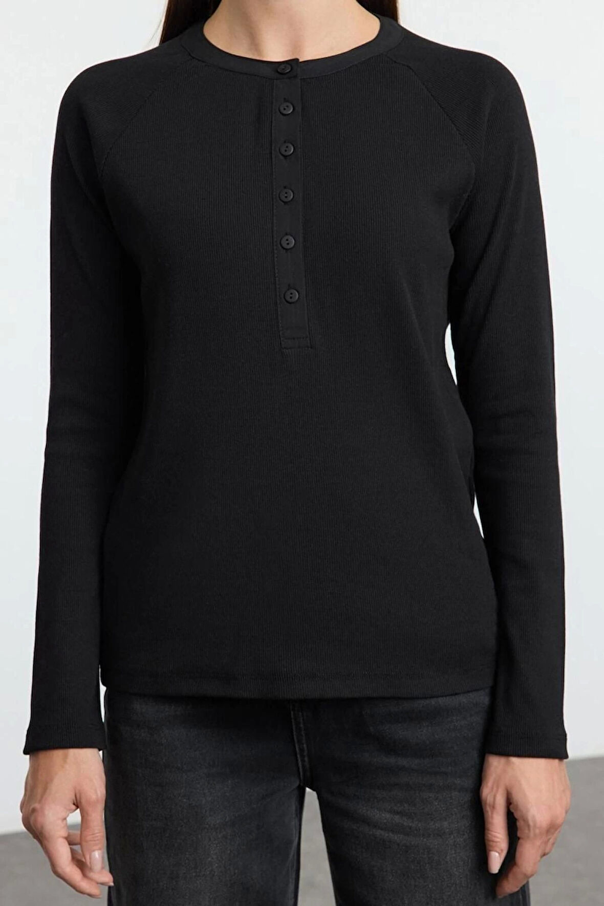 Kadın Şık Regular Düğmeli Yaka Regular Kalıp Örme Düğmeli Normal Kesim Fitilli Esnek Normal Boy Bluz