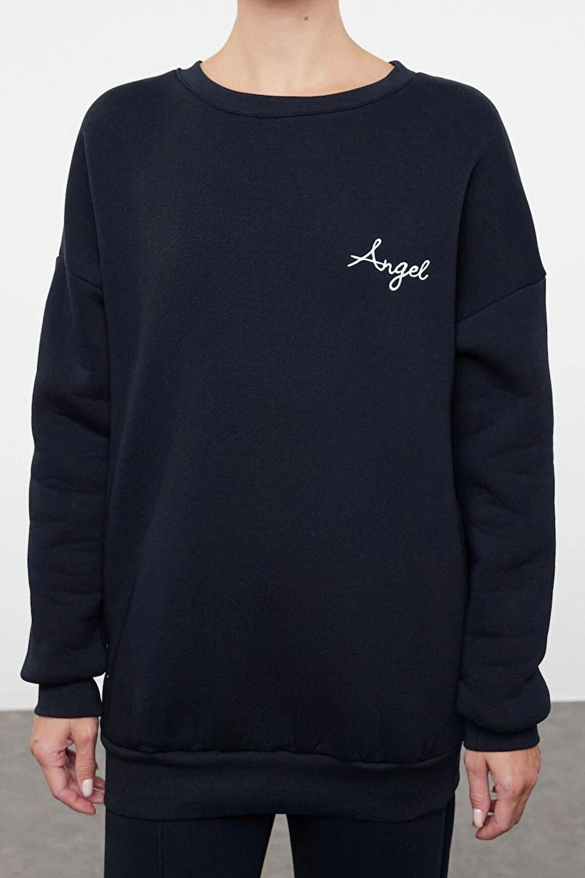 Kadın Moda Şık Bol Bisiklet Yaka Standart Kol Uzun Kalın İçi Polarlı Örme Sweatshirt