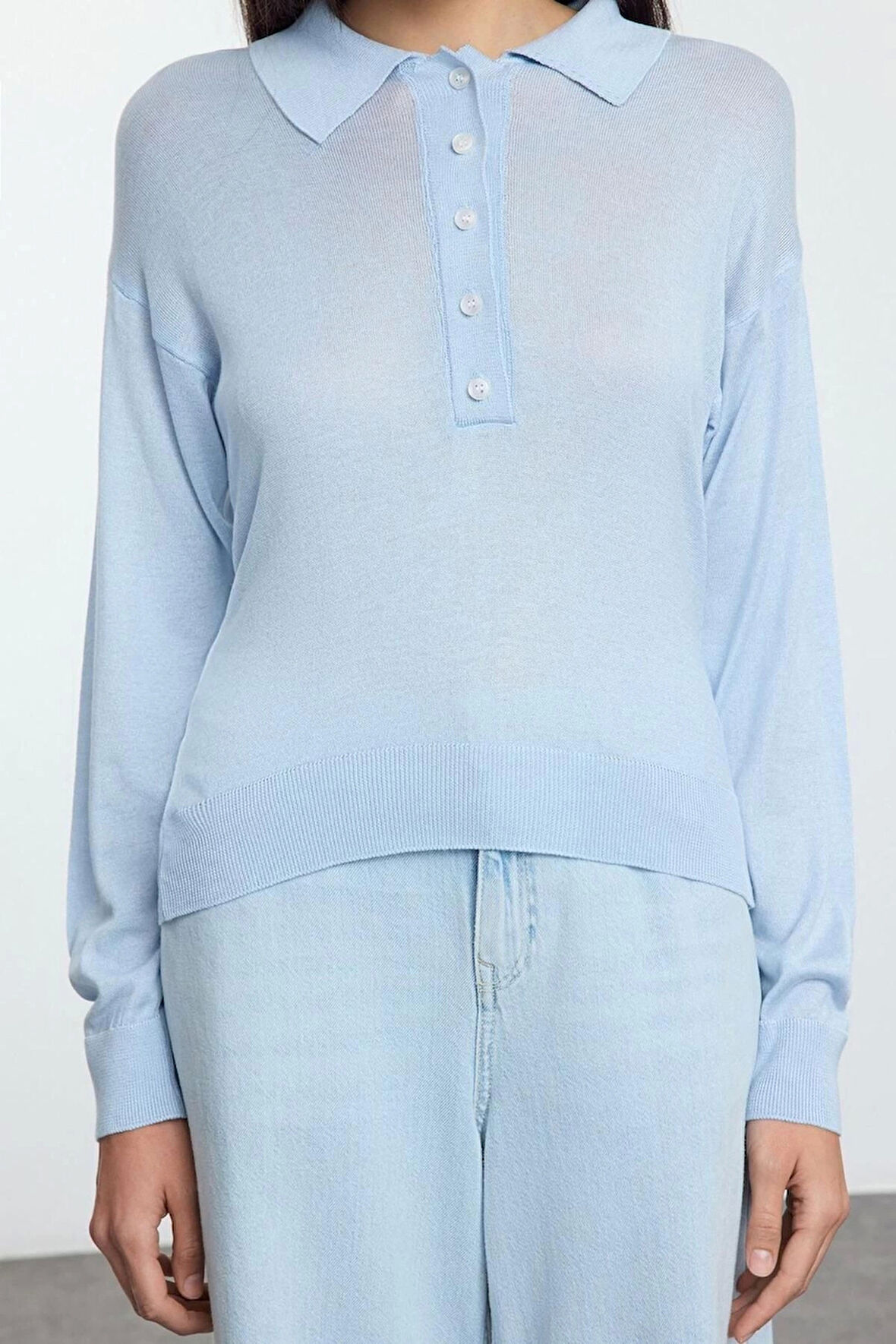 Kadın Moda Şık Polo Yaka Standart Kol Regular İnce Triko Kazak