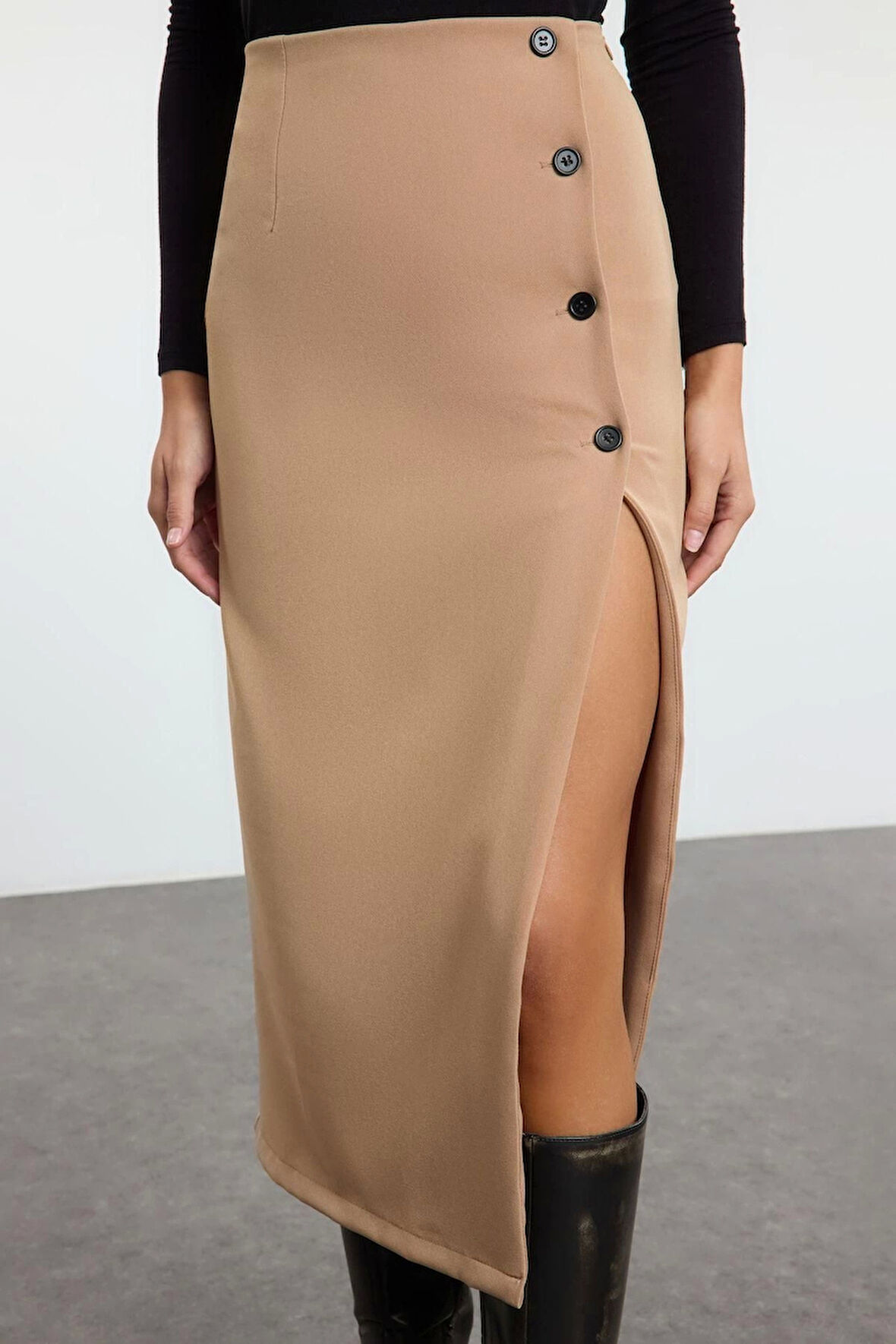 Kadın Moda Stil Maxi Astarsız Dokuma Düğme Detaylı Kruvaze Kapama Yırtmaçlı Maxi Boy Dokuma Etek