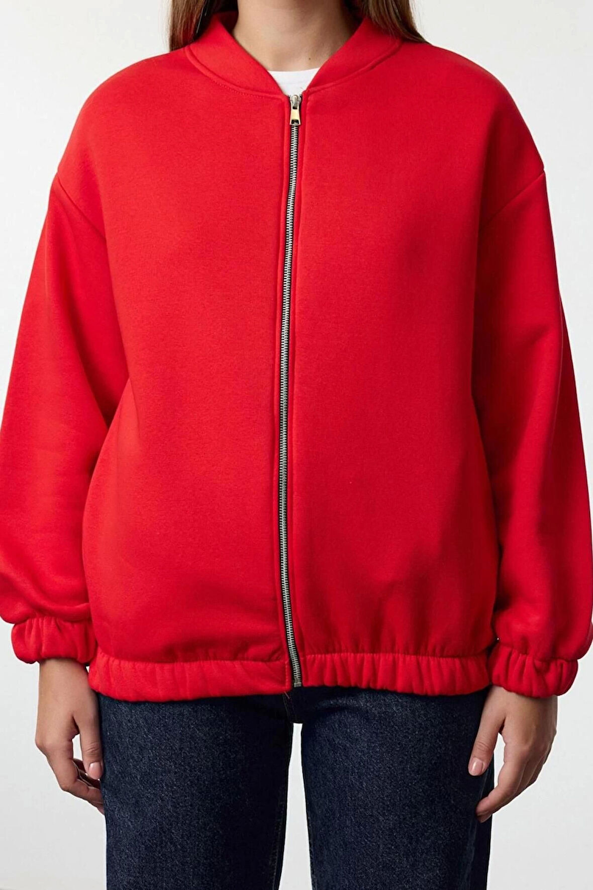 Kadın Oversize Bisiklet Yaka Düşük Kol Uzun Fermuarlı Geniş Kalıp Kalın İçi Polarlı Örme Sweatshirt
