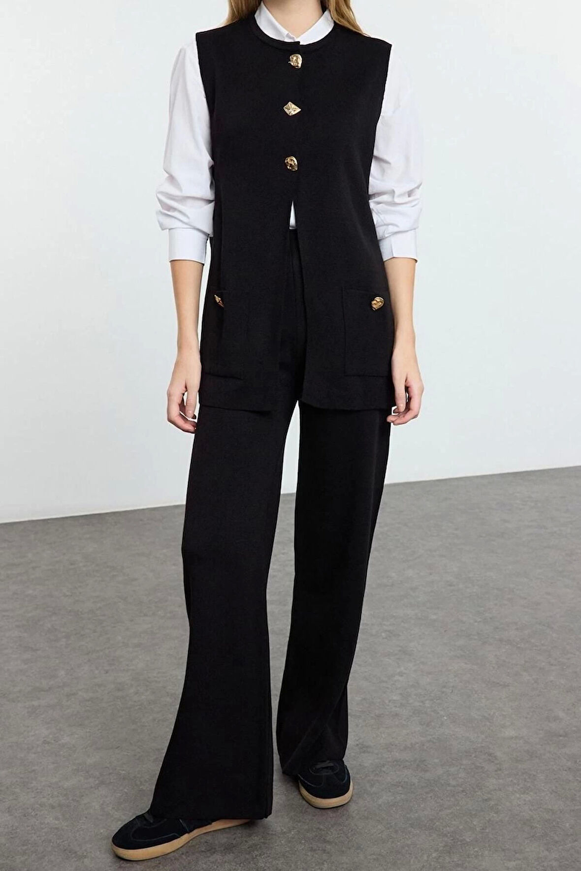 Kadın Moda Şık Regular Uzun Boy Uzun Kollu Düğme Detaylı Yelek-Pantolon Triko Alt-Üst Takım