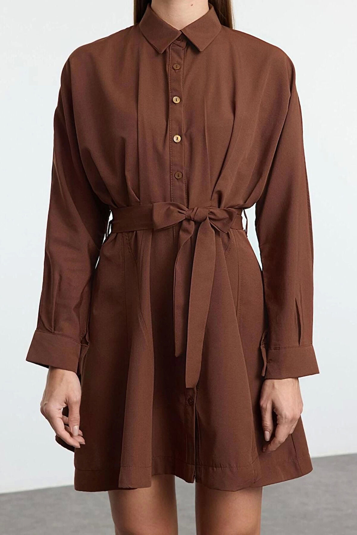 Kadın Moda Şık Mini Boy Gömlek Yaka Regular Kahverengi001 Çizgili Dokuma Elbise