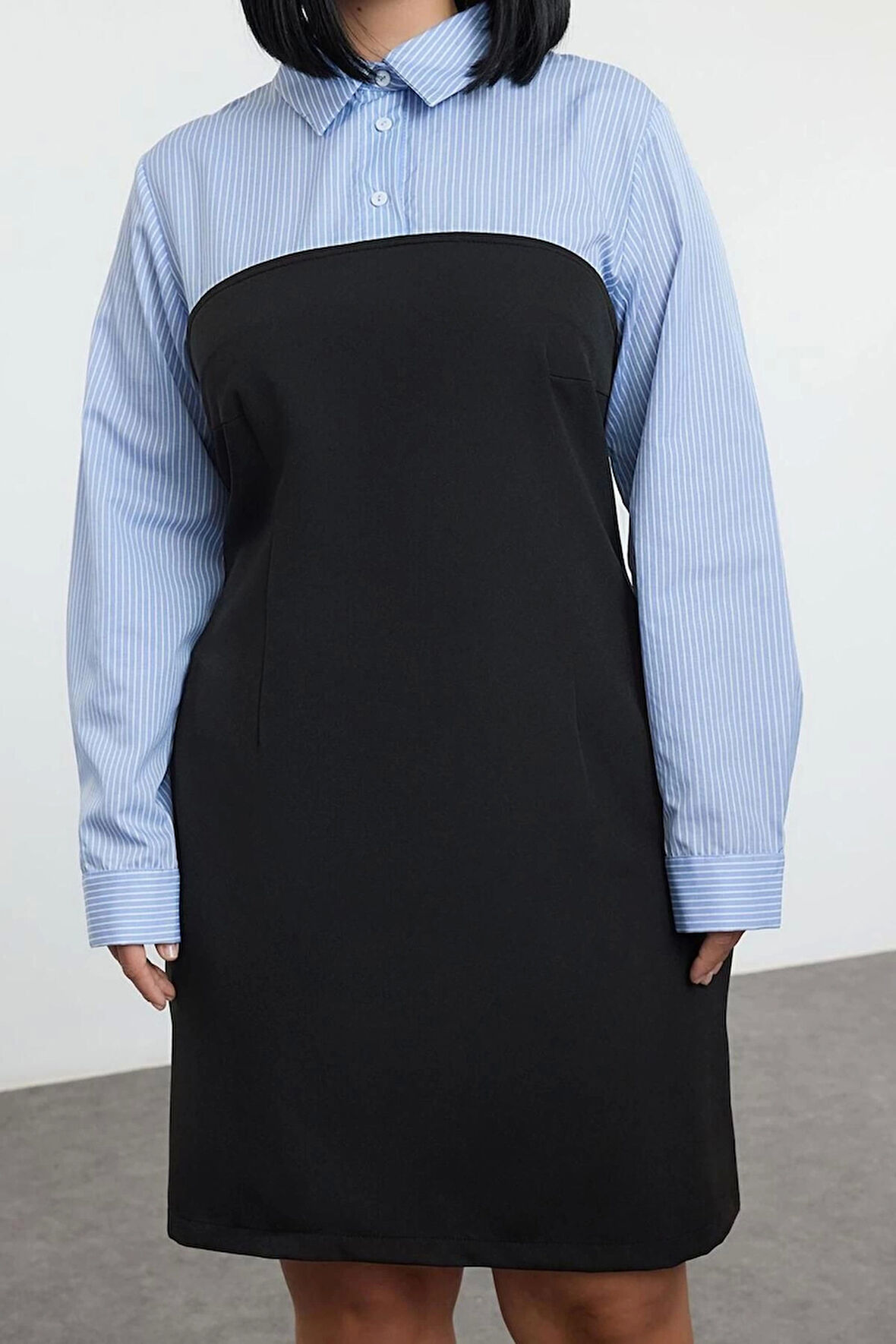 Kadın Büyük Beden Mini Boy Fitted Siyah Bodycone Straplez Dokuma Büyük Beden Çizgili Gömlek Elbise