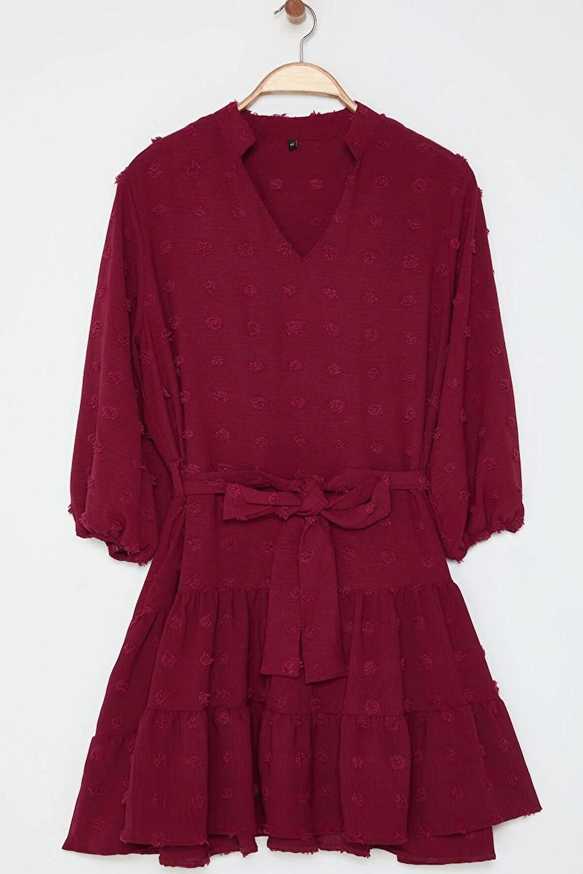 Kadın Moda Büyük Beden Midi Boy V Yaka Fitted Balon Kol Kuşaklı Ponponlu Dokuma Büyük Beden Elbise