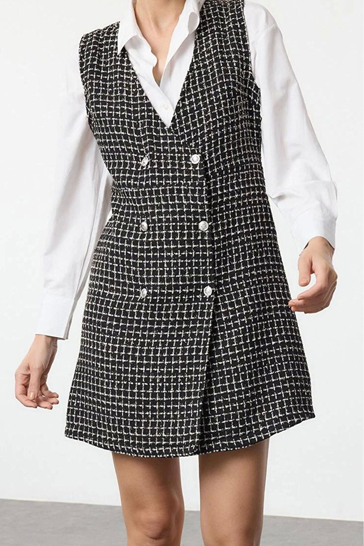 Kadın Moda Şık Mini Boy V Yaka Regular Tüvit Kumaş Jile Dokuma Elbise