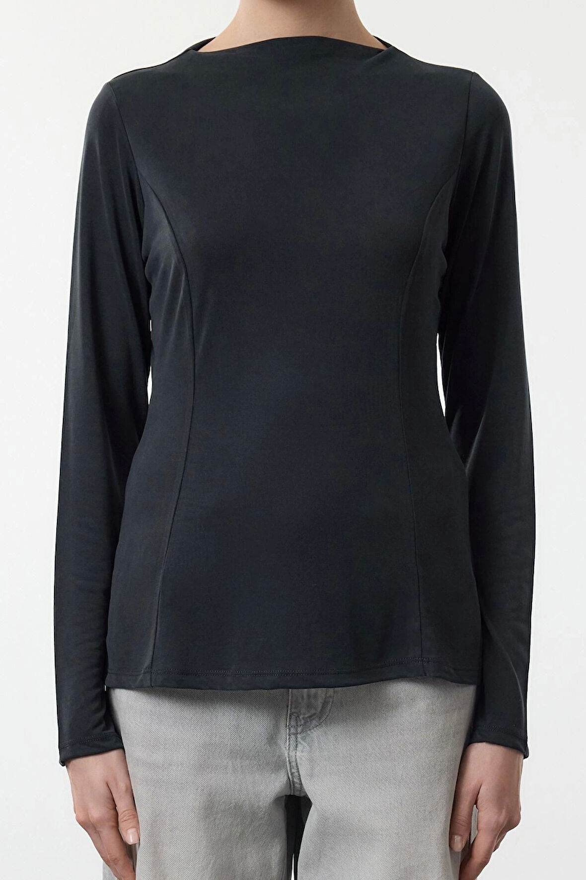 Kadın Moda Şık Regular Dik Yaka Slim Fit Kalıp Örme Care Collection Modal Nervürlü Normal Kalıp Bluz