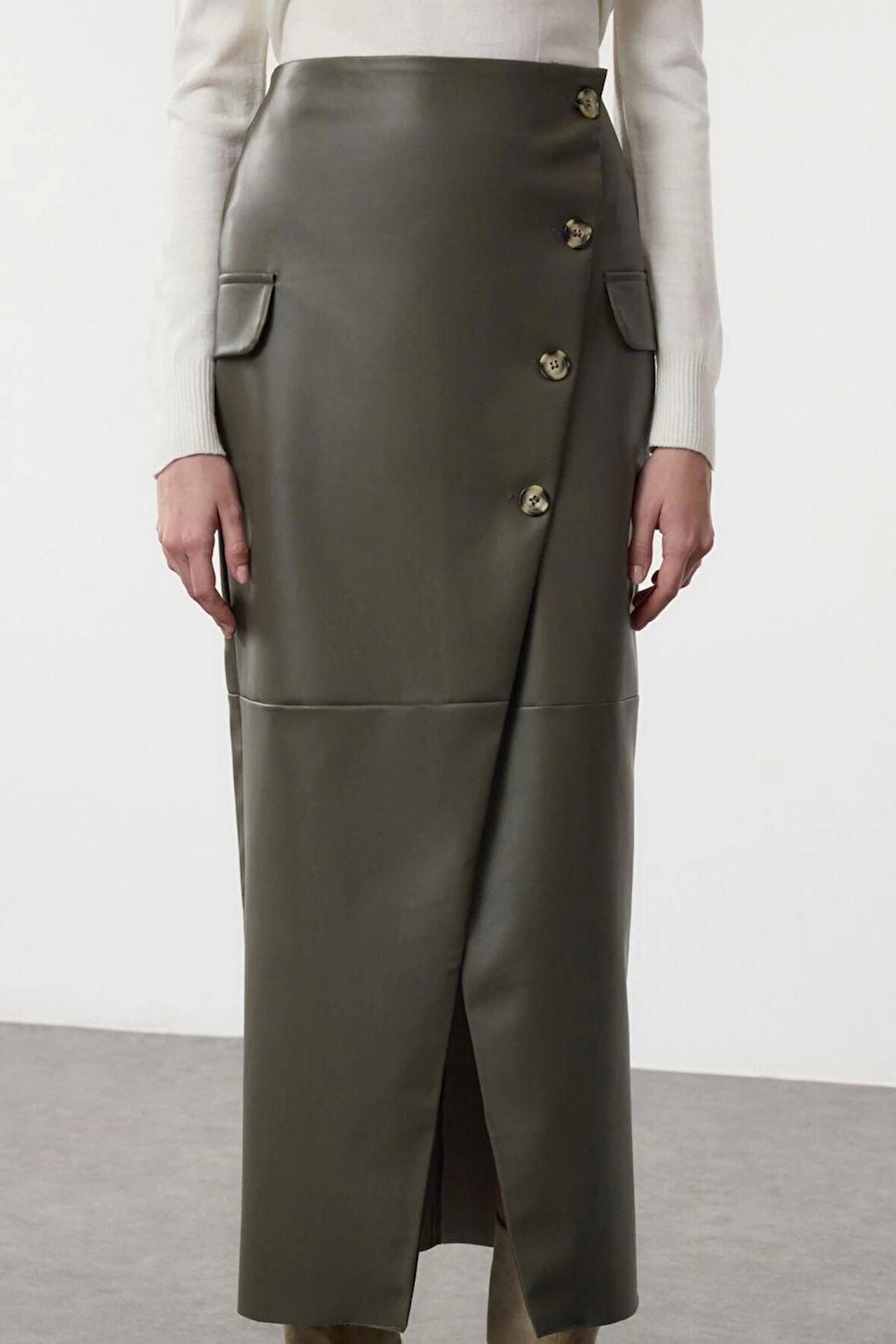 Kadın Moda Stil Midi Astarsız Dokuma Suni Deri Midi Dokuma Etek