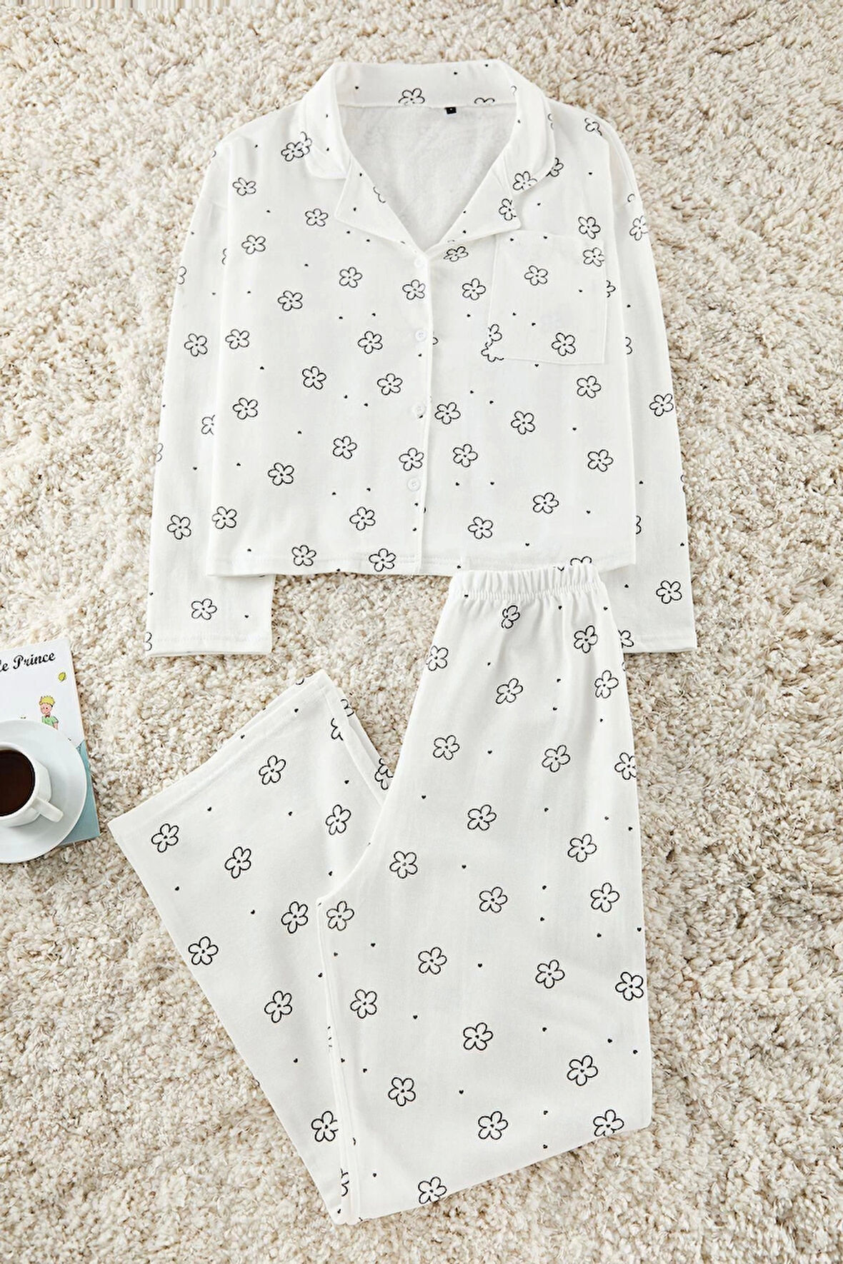 Kadın Moda Şık Gömlek Yaka Boru Paça Uzun Kol Pamuklu Çiçekli Kapli Cep Detaylı Örme Pijama Takımı