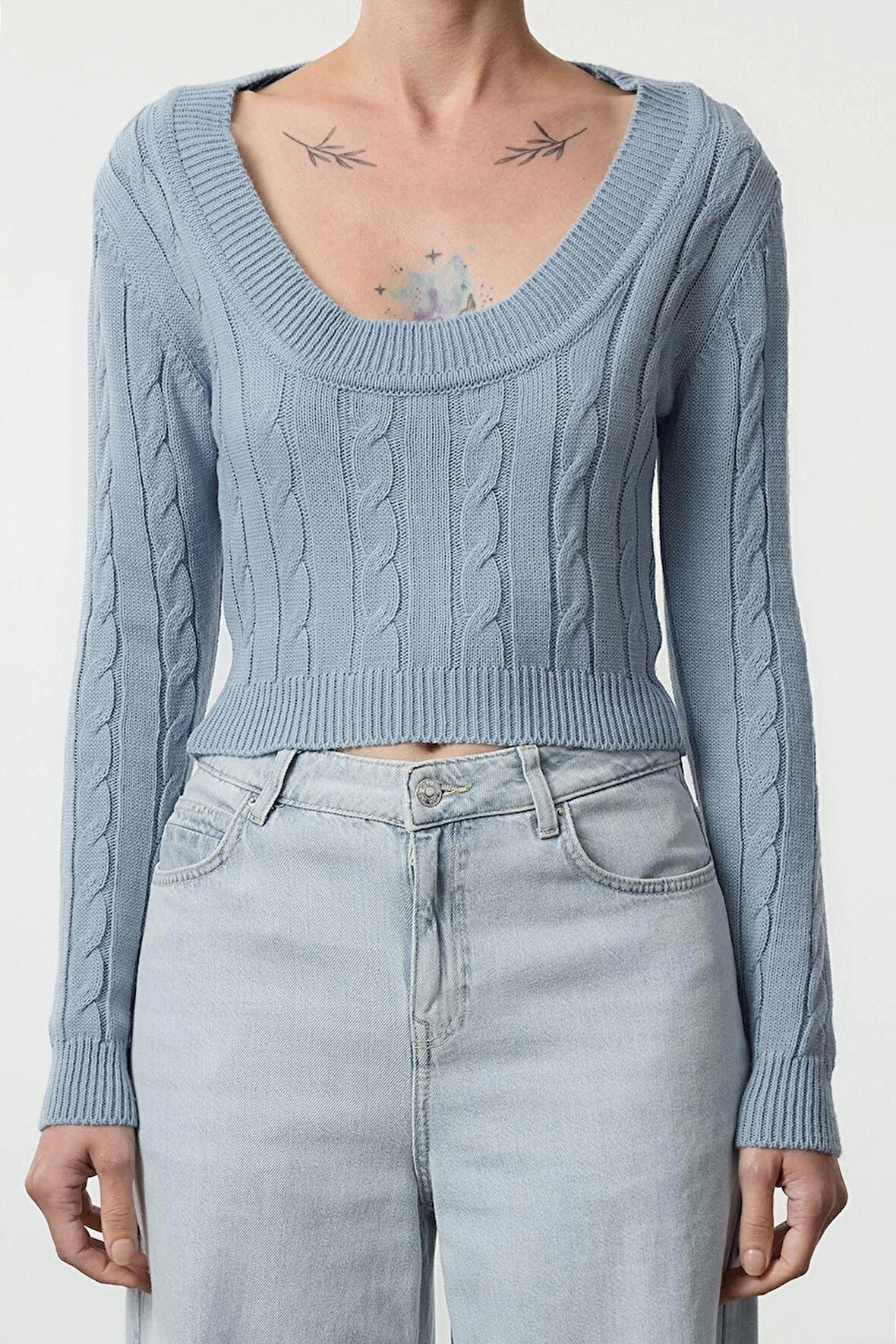 Kadın Moda Şık Kare Yaka Standart Kol Crop Saç Örgülü Triko Kazak